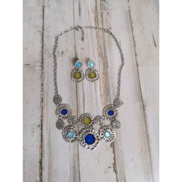 Unbranded Jewelry - Statement Necklace & Matching‎ Earring Set, silver tone, blue yellow & teal